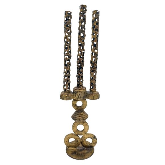 Vintage Gothic Brutalist Steampunk 3 Candle Metal Candelabra Pierced Design 16" - Picture 3 of 12